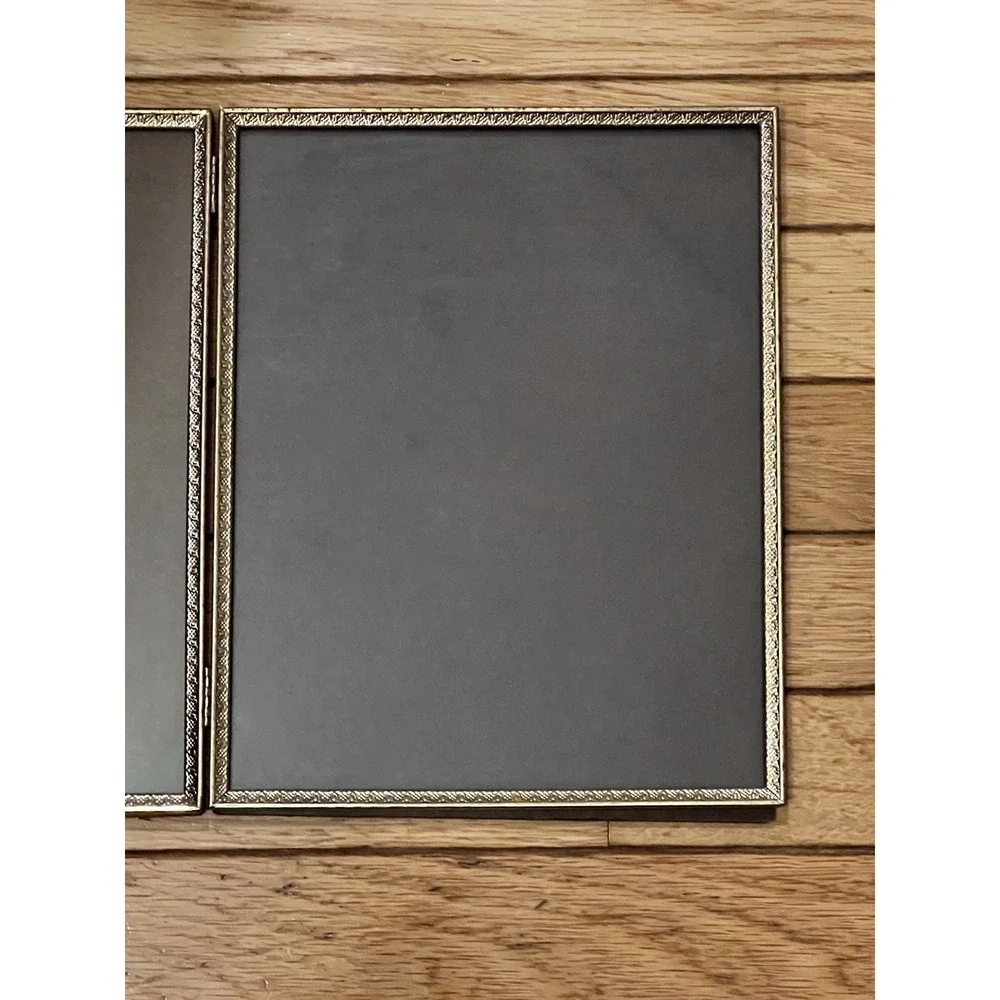 Vtg Gold Metal Double Picture Frame Photo 8x10 Engraved Hinged Mid Century